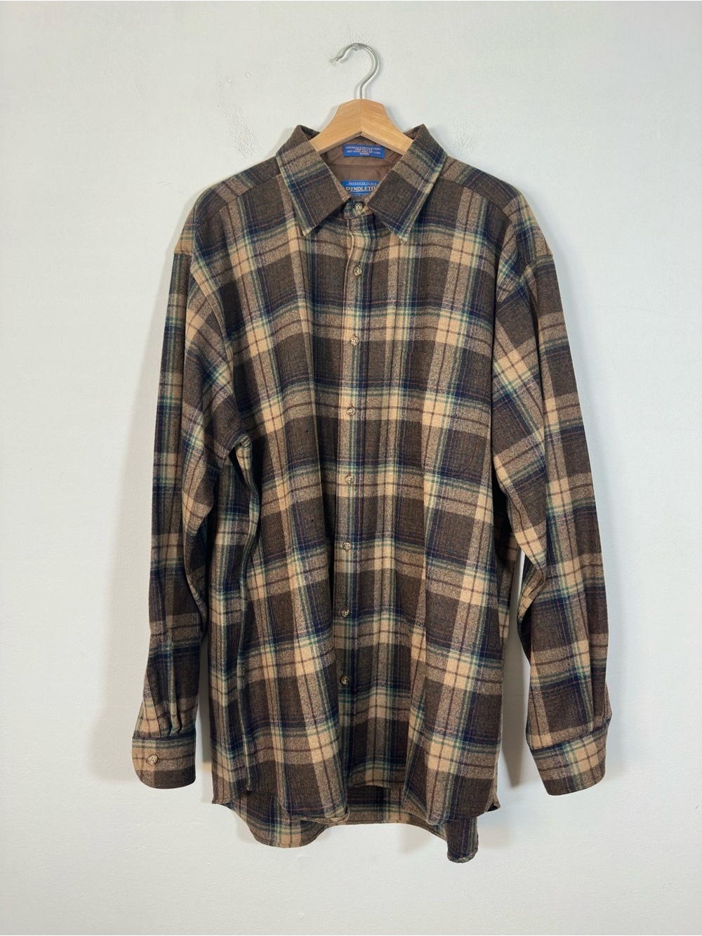 Vintage 60s Pendleton Board Shirt Earthtone Ombre Plaid Virgin Wool Size XL Long